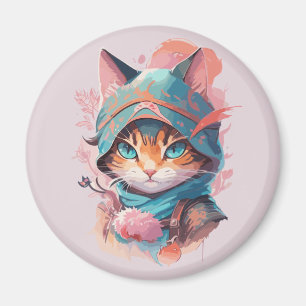 Aimant Chat Ninja à Capuchon Mignon Aquarelle