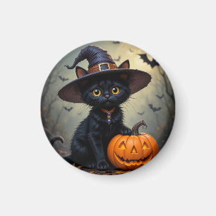 Aimant Chat noir adorable portant un chapeau de sorcière