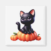 Aimant Chat noir assis sur une citrouille (Devant)