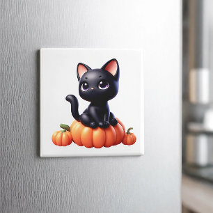 Aimant Chat noir assis sur une citrouille