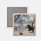 Aimant Chat Noir Avec Dame Japonaise (Recto/Verso)