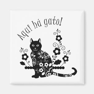 Aimant Chat noir avec fleurs et expression portugaise