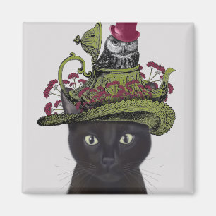 Aimant Chat noir avec théière et hibou