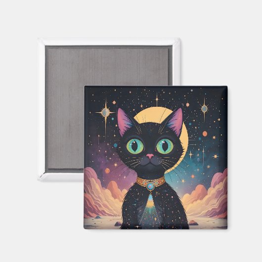 Aimant Chat noir cosmique futuriste atomique en clair de  (Recto/Verso)