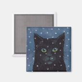 Aimant chat noir dans la neige hivernale (Recto/Verso)