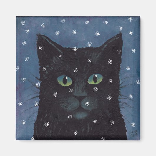Aimant chat noir dans la neige hivernale (Devant)