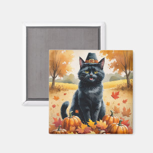 Aimant Chat Noir dans l'Art de Thanksgiving aux Feuilles