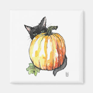 Aimant Chat noir derrière l'aimant Citrouille