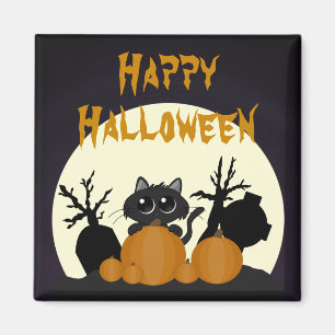 Aimant Chat noir d'Halloween avec Citrouilles dans un cim
