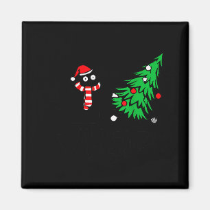 Aimant Chat noir drôle poussant l'arbre de Noël sur le ch