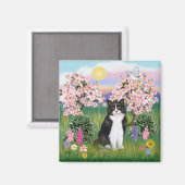 Aimant Chat noir et blanc - Fleurs (Recto/Verso)
