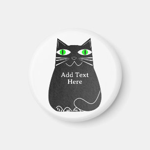Aimant Chat noir gras avec yeux verts Texte personnalisé