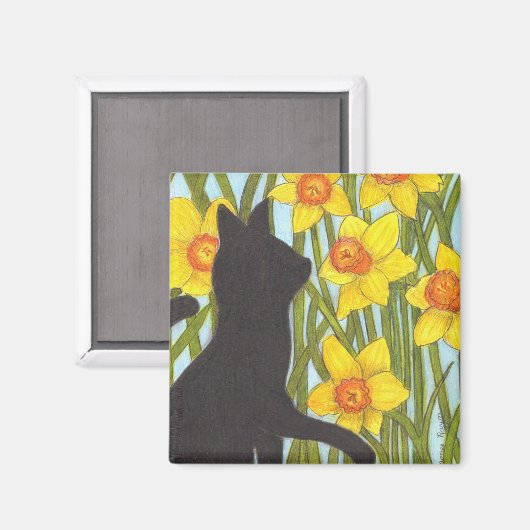 Aimant Chat noir jonquille de printemps (Recto/Verso)