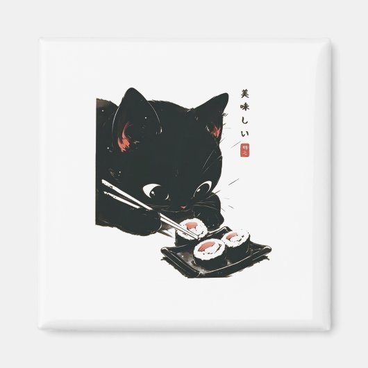 Aimant Chat noir manger Sushi - Chat Art Japonais (Devant)