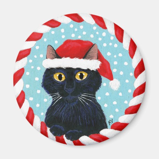 Aimant Chat noir mignon, chapeau de Santa, neige d'hiver (Devant)