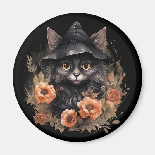 Aimant Chat noir mignon dans le Casquette d'une sorcière (Devant)