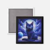 Aimant Chat noir posant devant la lune et des nuages blan (Recto/Verso)