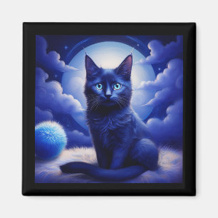 Aimant Chat noir posant devant la lune et des nuages blan
