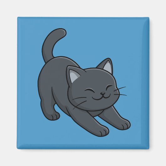 Aimant Chat noir s'étirant sur fond bleu (Devant)