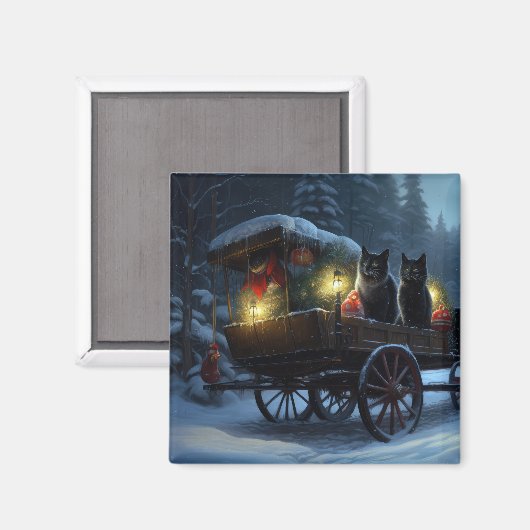 Aimant Chat noir Snowy Sleigh Ride Décor de Noël (Recto/Verso)