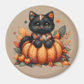 Aimant Chat noir sur Citrouille avec Motif de courtepoint (Devant)