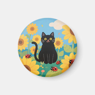 Aimant Chat noir Tournesols Coccinelles