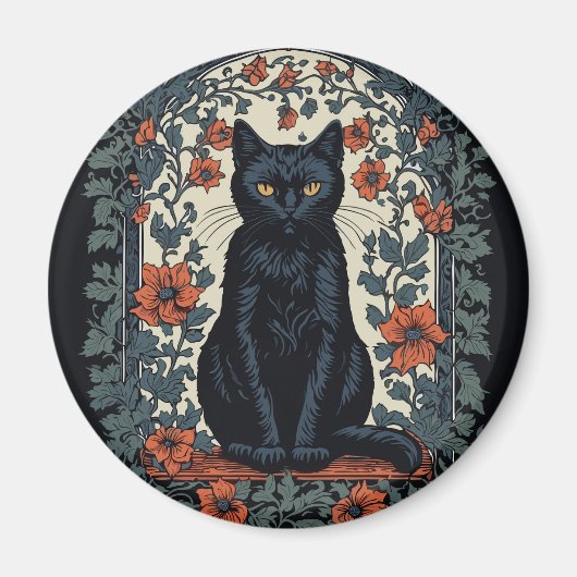 Aimant Chat noir Vintage Floral (Devant)