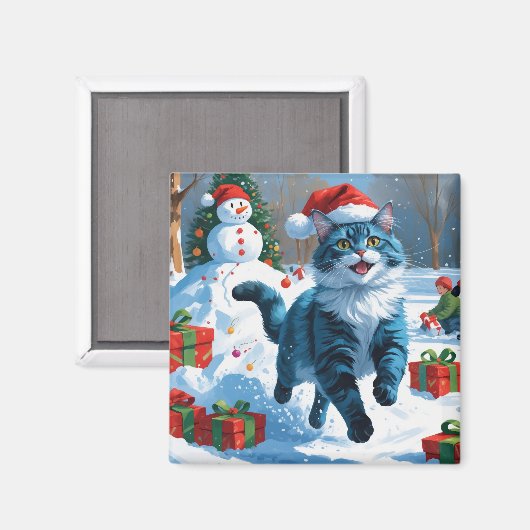 Aimant Chat Oriental Bleu Assis dans un Chapeau de Noël e (Recto/Verso)
