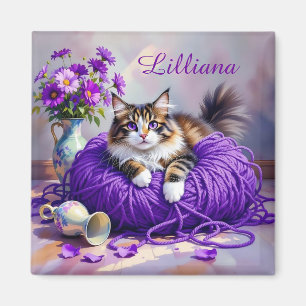 Aimant Chat personnalisé en fil violet et fleurs
