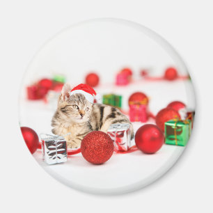 Aimant Chat portant un chapeau de Père Noël rouge Ornemen