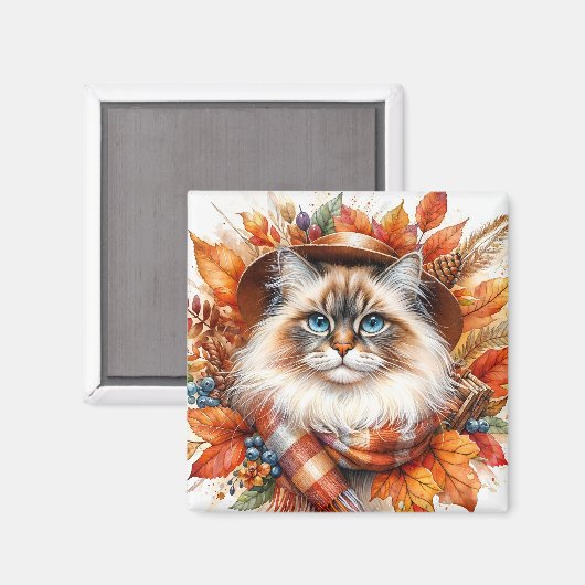 Aimant Chat Ragdoll À L'Automne Avec Écharpe (Recto/Verso)