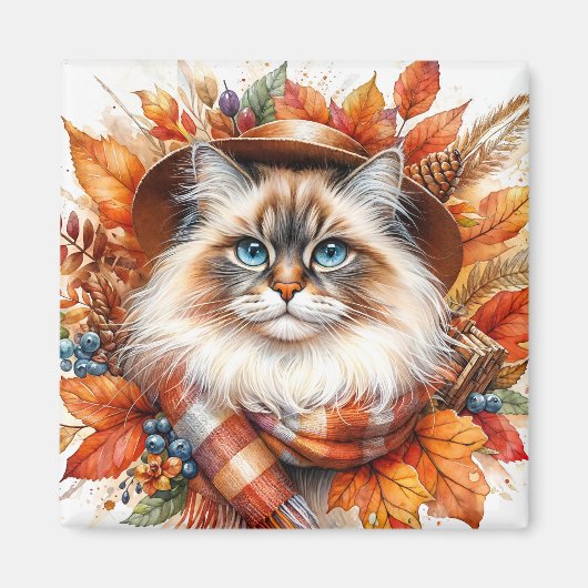 Aimant Chat Ragdoll À L'Automne Avec Écharpe (Devant)