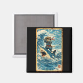 Aimant Chat Samouraï montant un requin Rétro Wave Guerrie (Recto/Verso)