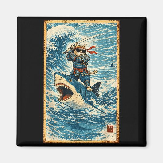 Aimant Chat Samouraï montant un requin Rétro Wave Guerrie (Devant)