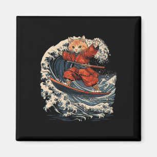 Aimant Chat Samouraï surfant sur la Grande Vague Ronin Ka