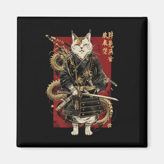 Aimant Chat Samurai Avec Dragon Kanji (Devant)