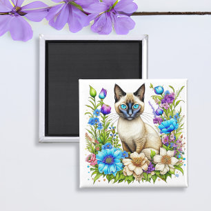 Aimant Chat siamois à l'aquarelle dans les fleurs