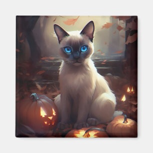 Aimant Chat siamois d'Halloween avec citrouilles effrayan