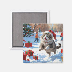 Aimant Chat Sibérien Courant dans la Neige avec un Chapea