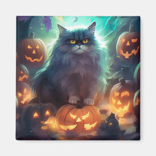 Aimant Chat Sibérien Halloween Avec Des Citrouilles Effra