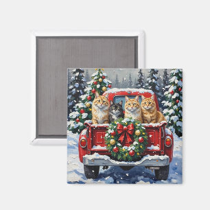 Aimant Chat Sibérien Noël Camion Rouge Fêtes