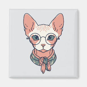 Aimant Chat Sphynx sans poils portant des lunettes