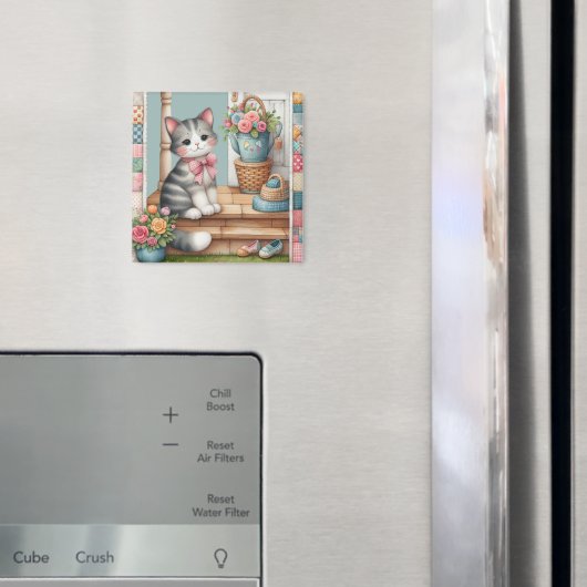 Aimant Chat sur un porche avec scène de patchwork floral (In situ (réfrigérateur))