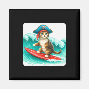 Aimant Chat surfeur avec chapeau de pirate sur planche de
