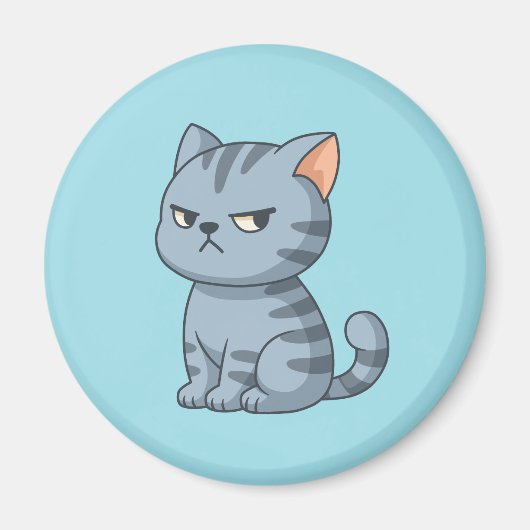 Aimant Chat tabby gris grincheux sur fond bleu (Devant)