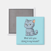 Aimant Chat tabby gris grincheux Texte drôle Bleu (Recto/Verso)
