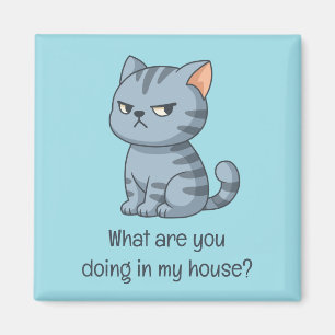 Aimant Chat tabby gris grincheux Texte drôle Bleu
