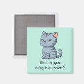 Aimant Chat tabby gris grincheux Texte drôle vert (Recto/Verso)