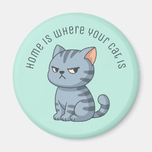 Aimant Chat tabby gris grincheux Texte personnalisé Vert