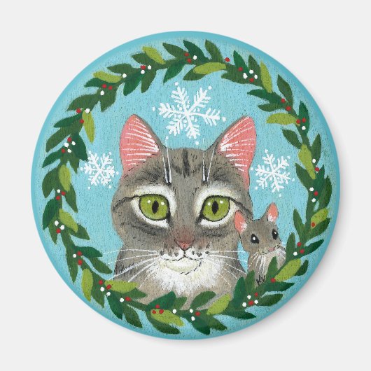 Aimant Chat tabby mignon, souris, neige d'hiver de Noël (Devant)